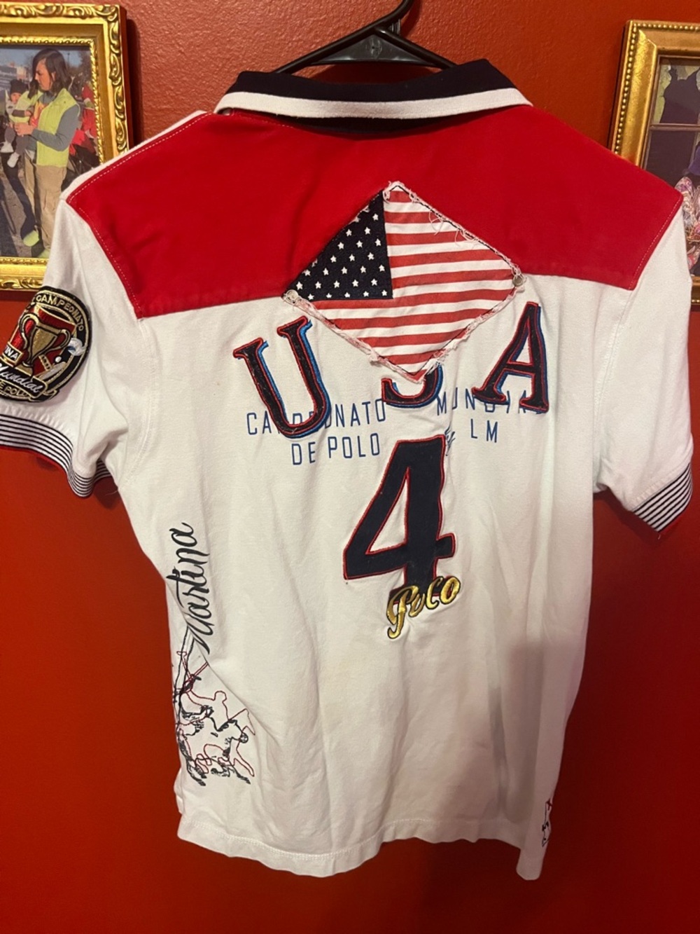 USA Polo Patch Number 4 Red & White Polo Shirt